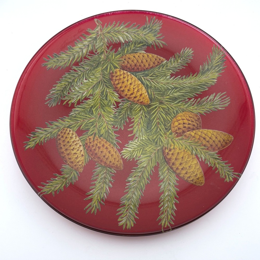 Vietri Italy Red Glass Charger Plate Pinecone Evergreen Christmas Holiday